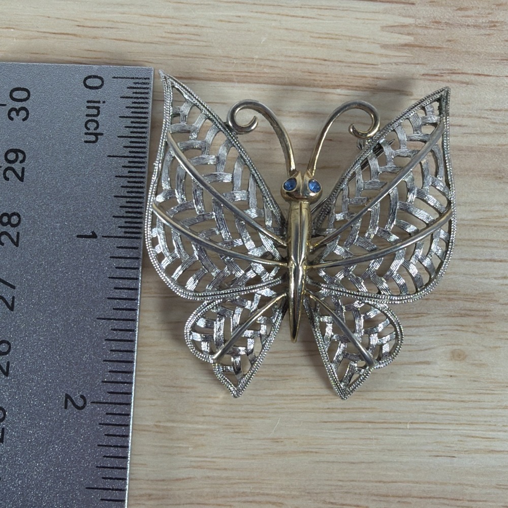 Avon Butterfly Pin Brooch Silver Gold Tone With Blue Rhinestone Eyes Vintage - Picture 2 of 5